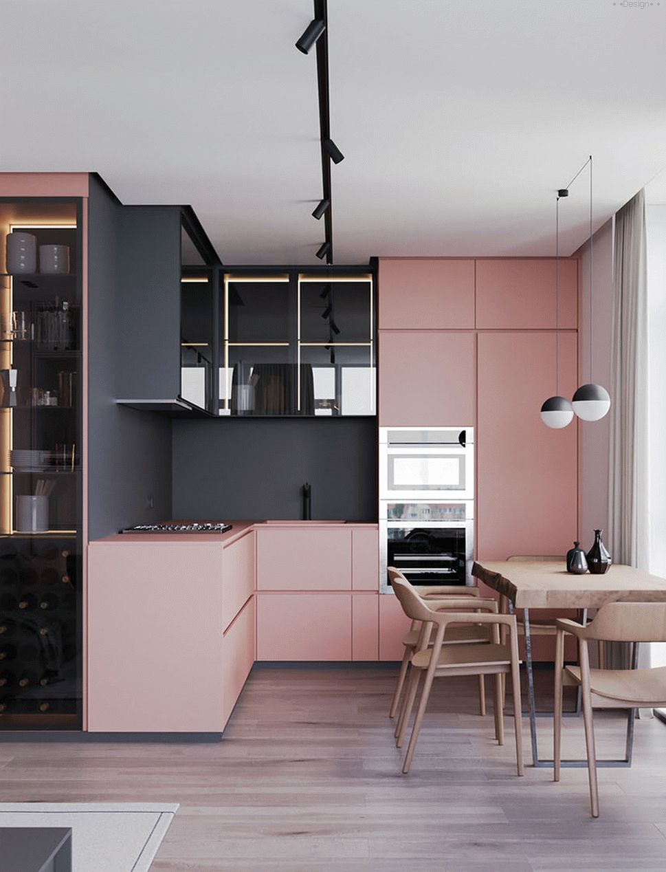 Apartemen studio satu kamar tidur yang modis dalam warna pink